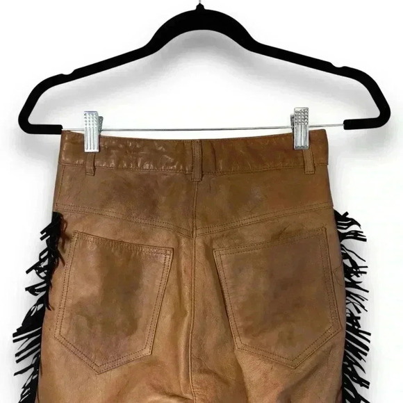 Vintage Western Brown Leather Pants Handmade Black Fringe 6P Straight Leg Chic - Picture 6 of 15